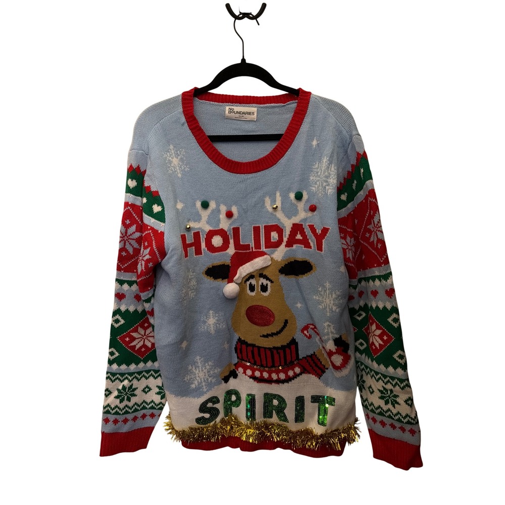 No Boundaries Reindeer Holiday Spirit Ugly Christmas Sweater Blue XXL 20